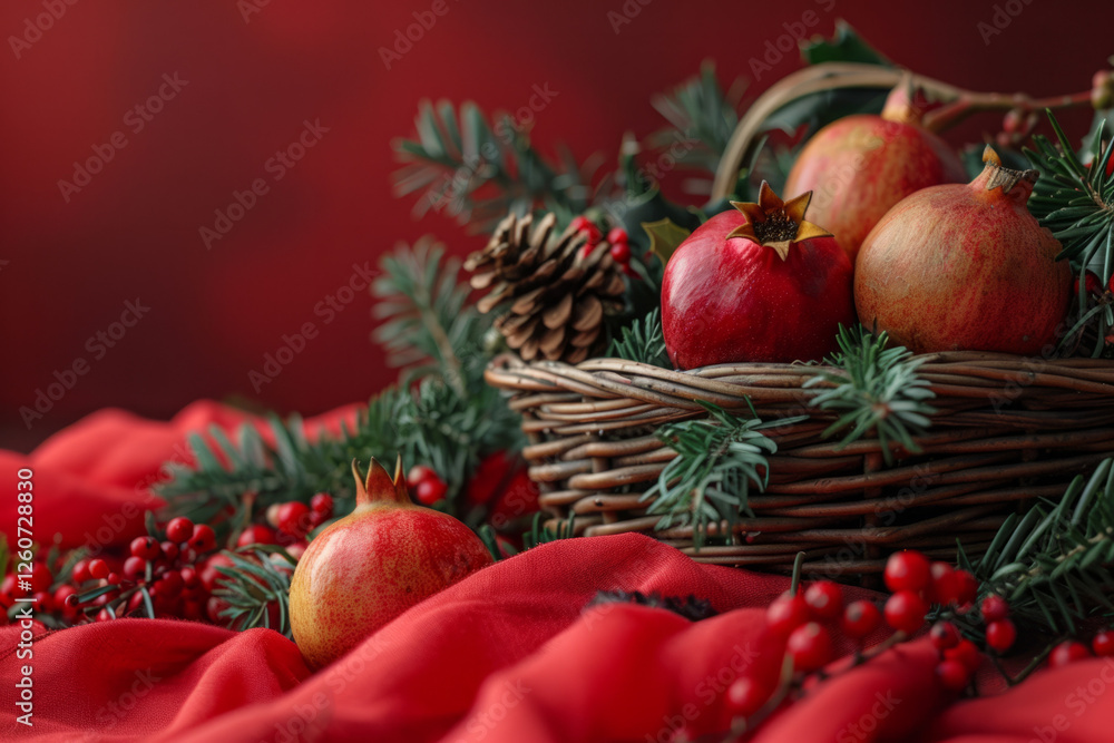 Pomegranates and pinecones in a festive basket on a red fabric backdrop Pomegranates and pinecones in a festive basket on a red fabric backdrop