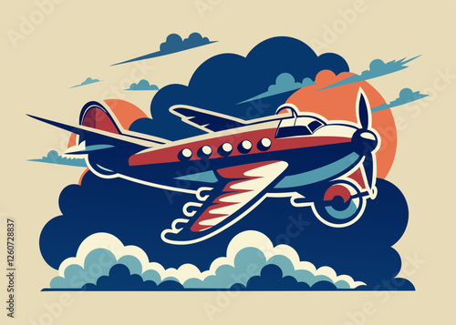 Wallpaper Mural Retro Airplane Silhouette Flying Through Clouds - Vector Illustration Torontodigital.ca