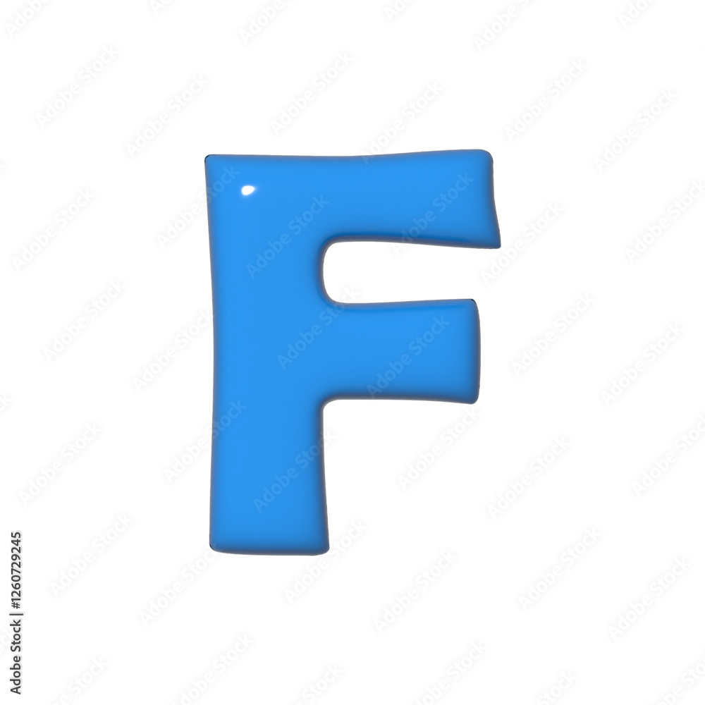 A shiny blue three-dimensional rendering of the letter 'F' sits isolated on a white backdrop exuding a playful childlike quality with its smooth curves A shiny blue three-dimensional rendering of the letter 'F' sits isolated on a white backdrop exuding a playful childlike quality with its smooth curves