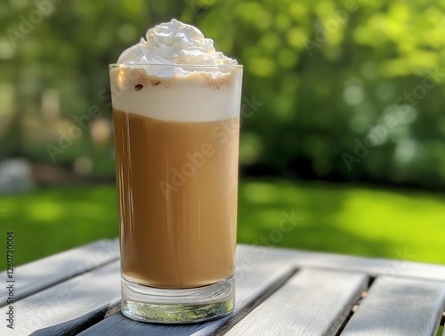 Iced Coffee Drink with Whipped Cream on Wooden Table Outdoors - Refreshing