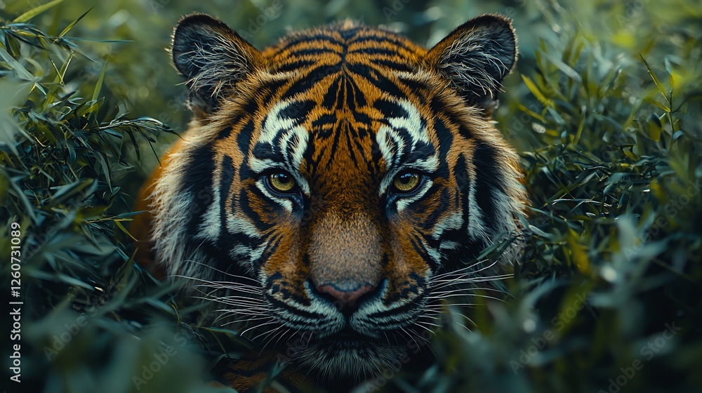 Fototapeta premium Tiger peering through jungle foliage, wildlife habitat