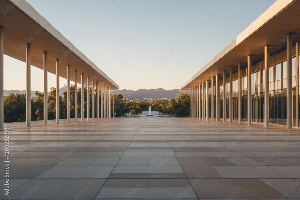 Obraz premium Wide view of Megaron Athens International Conference Centre with colonnade and tiled plaza at sunset