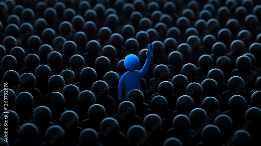 Obraz premium A blue figure stands out with a raised hand amidst a crowd of dark silhouettes, symbolizing individuality and the desire to be noticed.