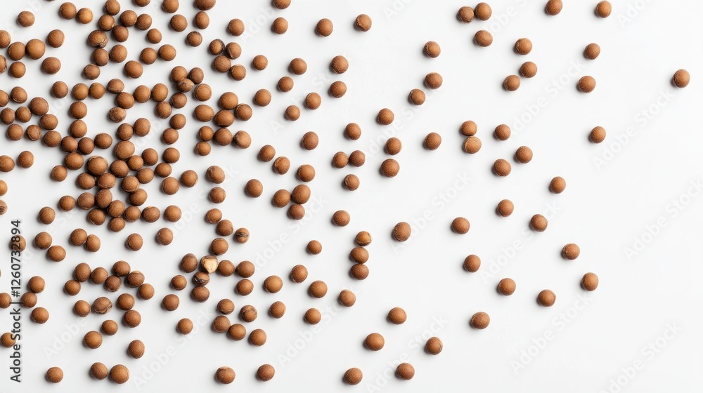 Scattered Brown Round Pellets on White Background Scattered Brown Round Pellets on White Background