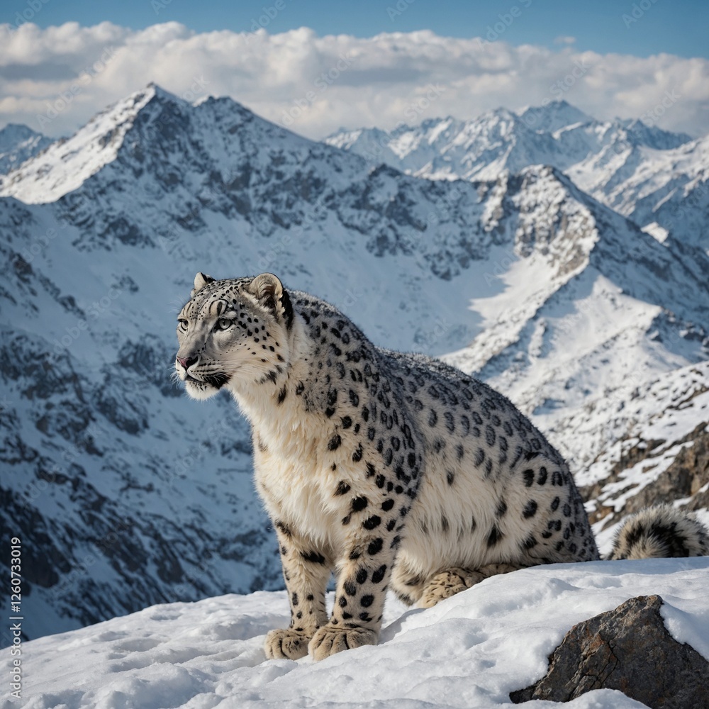 A snow leopard camouflaged against a snowy mountain. A snow leopard camouflaged against a snowy mountain.