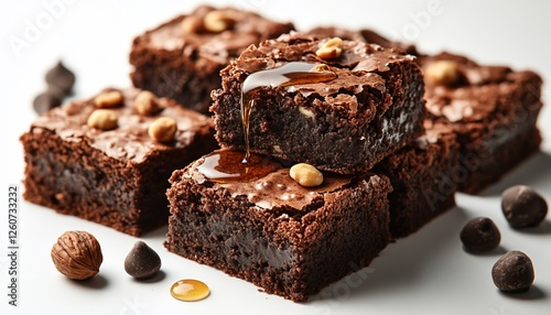 Stack Of Brownies With Honey Drizzle And Chocolate Chips
