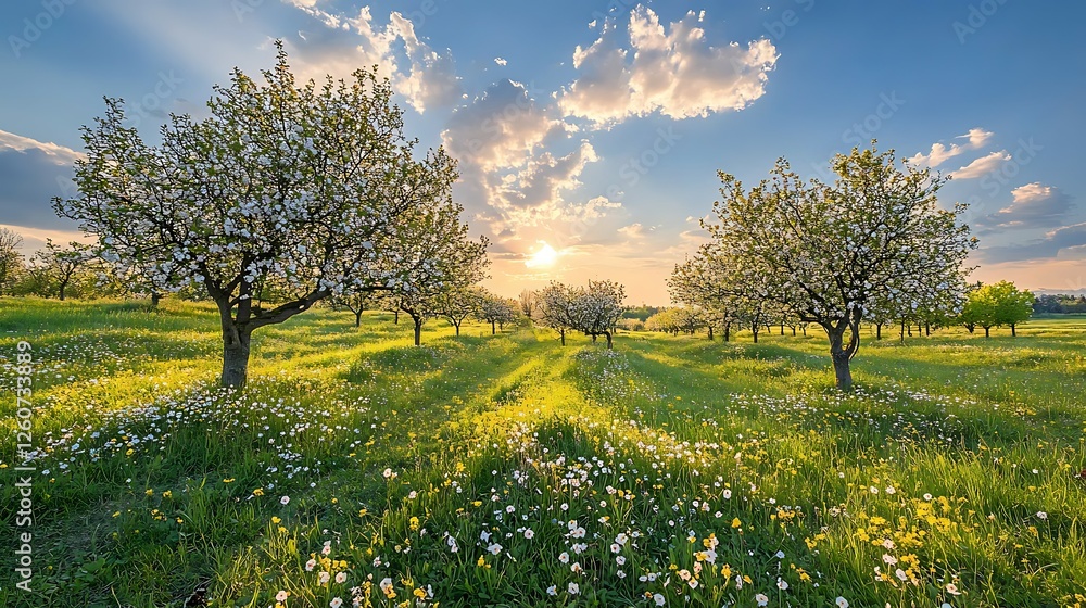 Fototapeta premium Spring orchard sunset, blossom trees, meadow, flowers