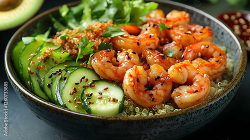 Delicious Hawaiian shrimp poke bowl with quinoa and fresh vegetables display