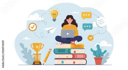 A flat illustration of a young woman sitting cross legged on a tall stack of books working on her laptop