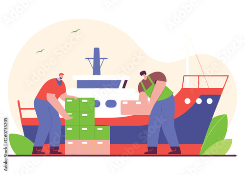 Happy Labor Day. Dockworkers Loading Cargo Ship at Sea port ocean crane effort  