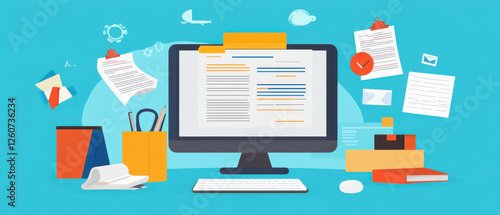 colorful workspace featuring computer with documents, stationery, and office supplies, creating productive atmosphere