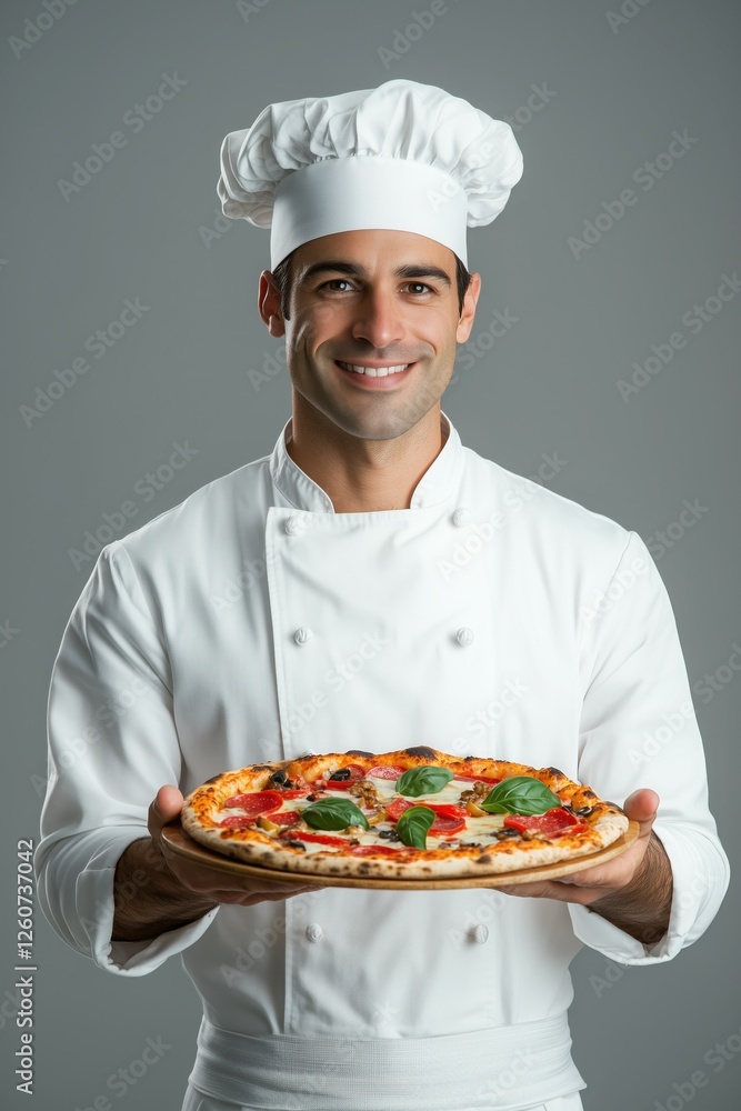 Handsome Italian chef in a white uniform holds a pizza in his hand, on a grey background. Handsome Italian chef in a white uniform holds a pizza in his hand, on a grey background.