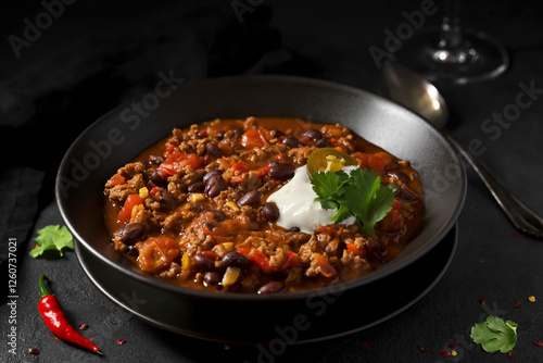 Chilli con carne with sour cream and coriander photo