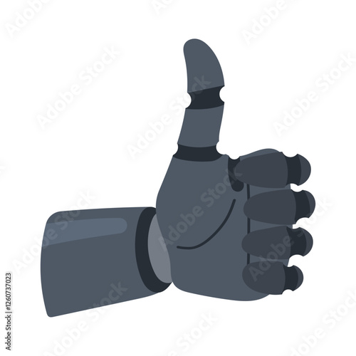 Futuristic robotic hand giving thumbs-up on isolated white background. Vector tech illustration in concept of mastering human emotional gestures by machine intelligence. For postcards, banners, logos.