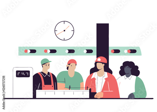 Happy Labor Day. Factory Workers Clocking In - Vector Illustration job shift    