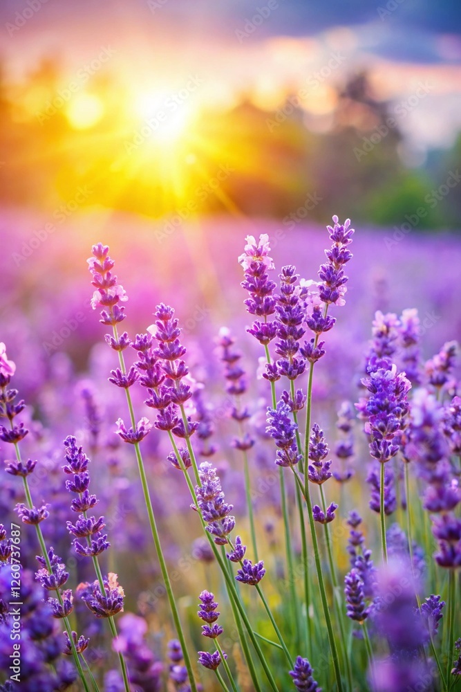 Obraz premium Purple lavender flowers on sunny beautiful nature summer background. 