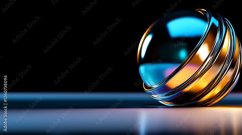 Metallic Sphere With Curving Golden Bands Reflecting Light on a Dark Background