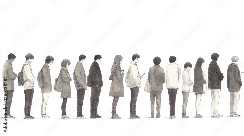 People in line, waiting, city street scene, public service People in line, waiting, city street scene, public service