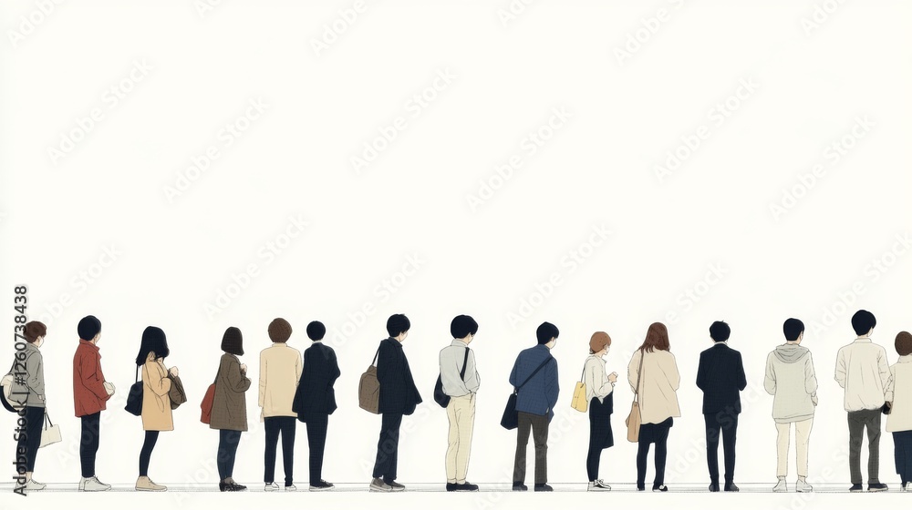 People queuing, city background, waiting, illustration, website banner People queuing, city background, waiting, illustration, website banner