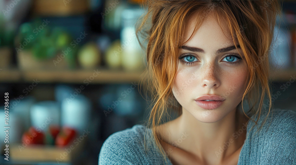 A close-up portrait of a young woman with striking blue eyes and auburn hair, looking directly at the camera. Soft lighting enhances her natural beauty in a blurred cafe background A close-up portrait of a young woman with striking blue eyes and auburn hair, looking directly at the camera. Soft lighting enhances her natural beauty in a blurred cafe background