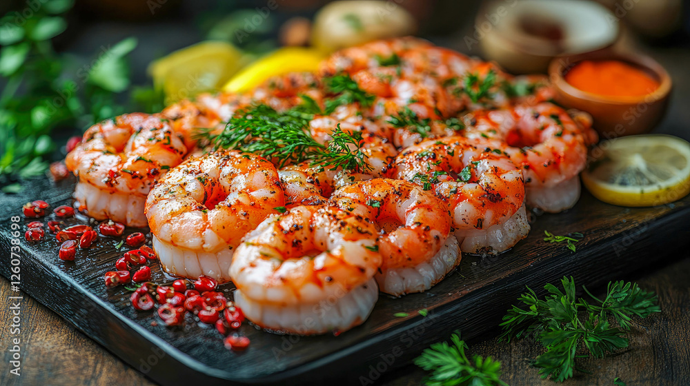 Grilled seafood platter with shrimp and scallops, garnished with herbs and lemon slices, served on a rustic plate Grilled seafood platter with shrimp and scallops, garnished with herbs and lemon slices, served on a rustic plate