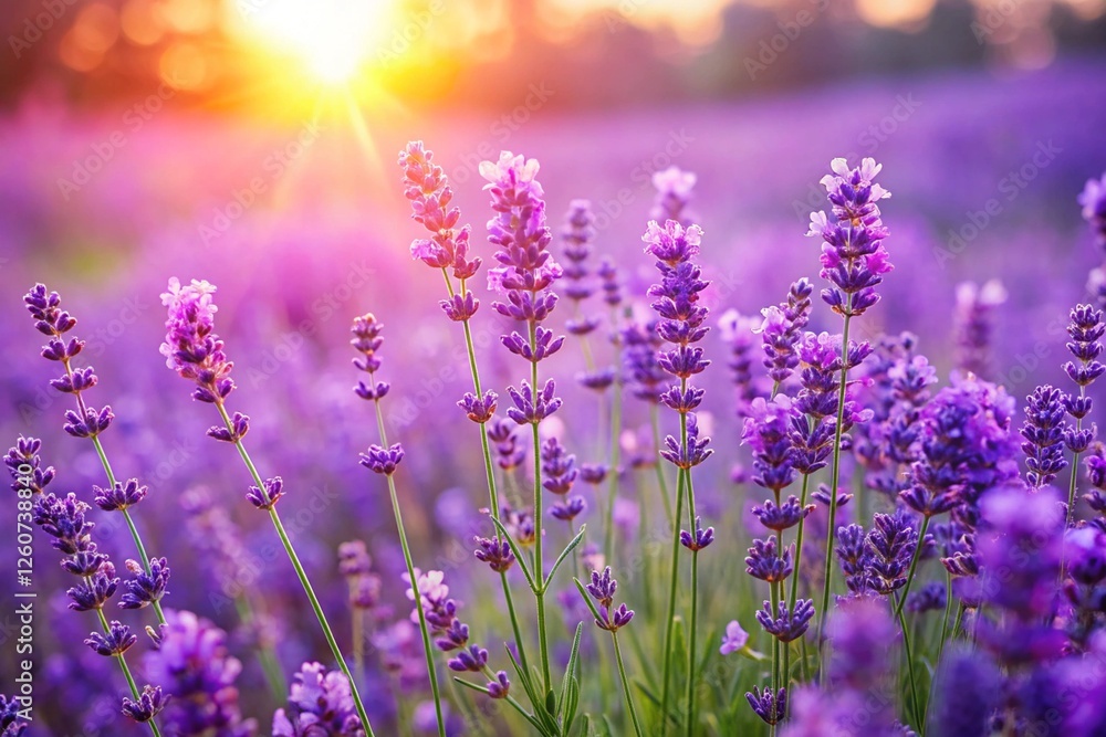 Fototapeta premium Purple lavender flowers on sunny beautiful nature summer background. 