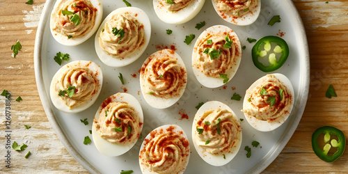 Delicious deviled eggs garnished with paprika and parsley, served on a rustic wooden table. Perfect for appetizers or parties.