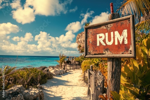 Scenic Coastal Pathway Leading to Tropical Beach with Rustic Rum Sign Surrounded by Lush Foliage and Clear Blue Skies Evoking a Sense of Adventure and Relaxation