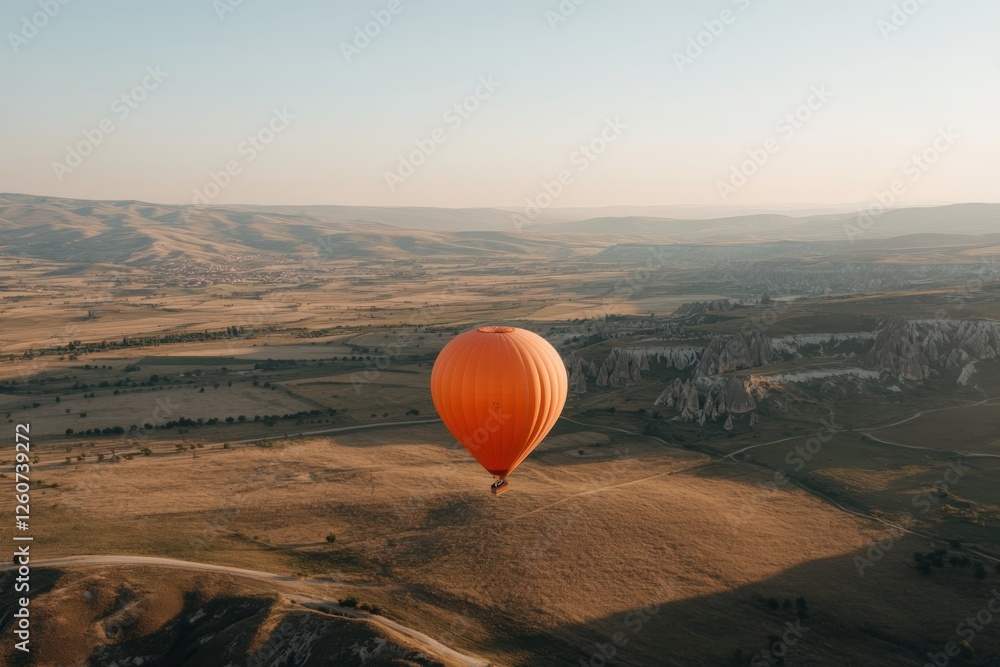 Hot air balloon flying over Cappadocia at sunrise Hot air balloon flying over Cappadocia at sunrise