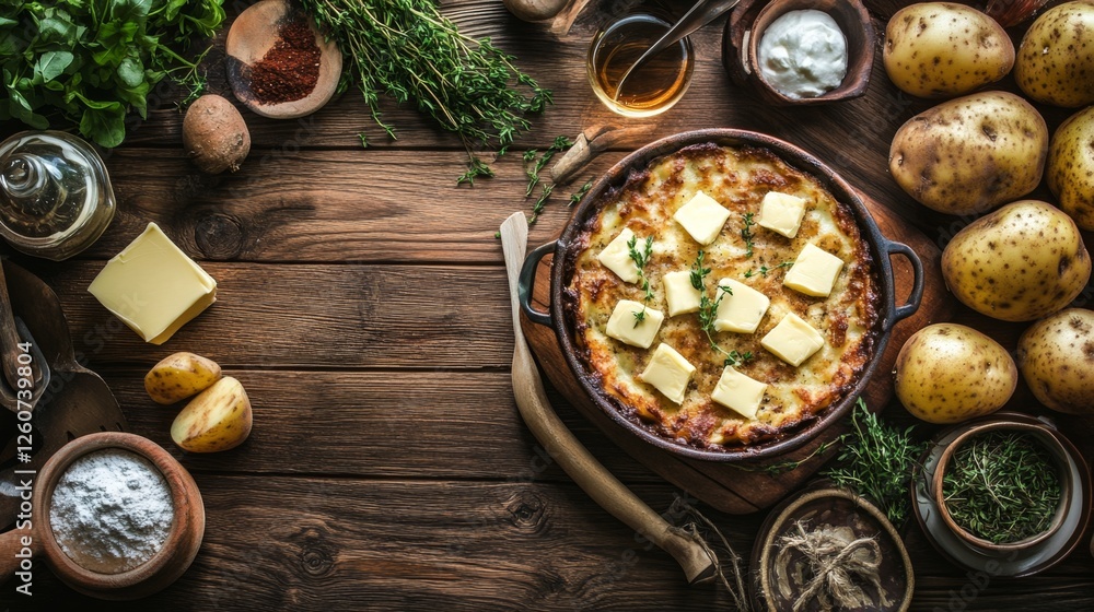A rustic wooden table setting with a freshly baked shepherds pie, surrounded by ingredients like butter, potatoes, and herbs. A rustic wooden table setting with a freshly baked shepherds pie, surrounded by ingredients like butter, potatoes, and herbs.
