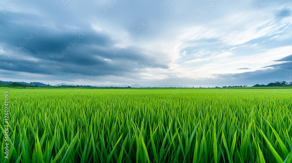 Fototapeta premium Expansive green field under cloudy sky, creating serene landscape