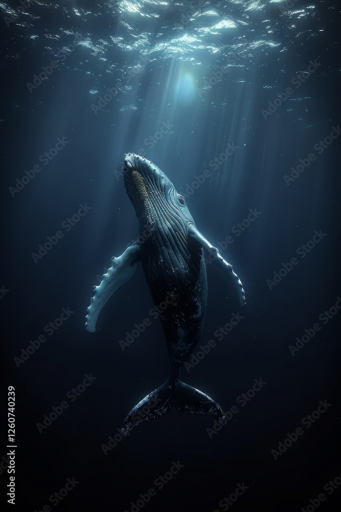 Naklejka premium A humpback whale gliding through the deep blue ocean. The color palette is dark silver and light navy.