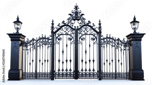 Ornate black wrought iron gates with a majestic gothic design, featuring intricate patterns and arches