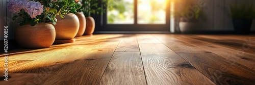 Warm and Inviting Sunlit Room Interior Featuring Wooden Flooring and Potted Plants with Soft Natural Light Creating a Tranquil Ambiance for Relaxation and Peaceful Moments
