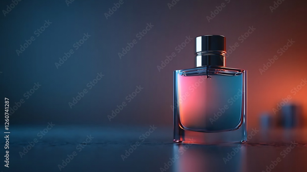 Minimalist Perfume Bottle with Gradient Lighting on Reflective Surface