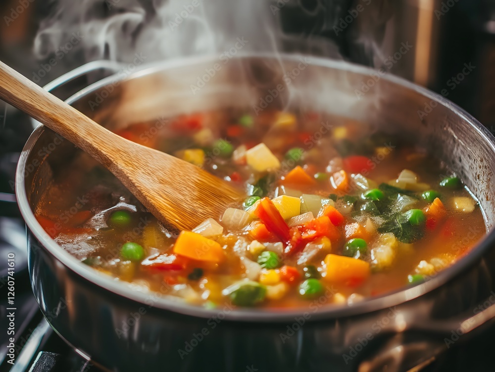 Steaming Vegetable Soup with Carrots, Peas, and Potatoes in a Pot Steaming Vegetable Soup with Carrots, Peas, and Potatoes in a Pot