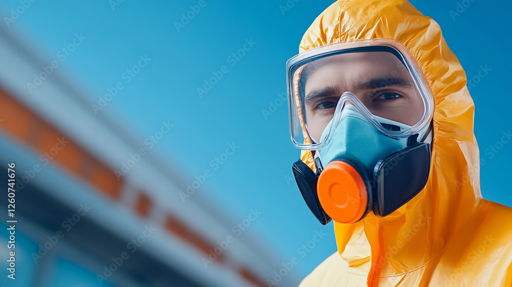 Protective suit and mask worn by man for safety and health precautions Protective suit and mask worn by man for safety and health precautions