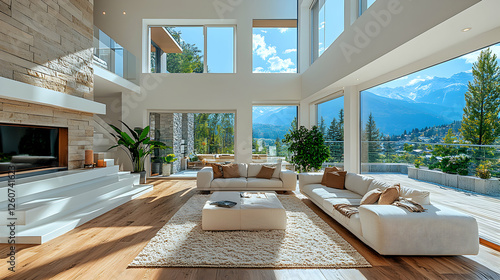 Luxury living room boasting stunning mountain views and modern design