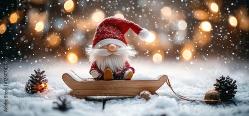 Cute Christmas Scene with a Gnome on a Sled Surrounded by Snow and Bokeh Lights