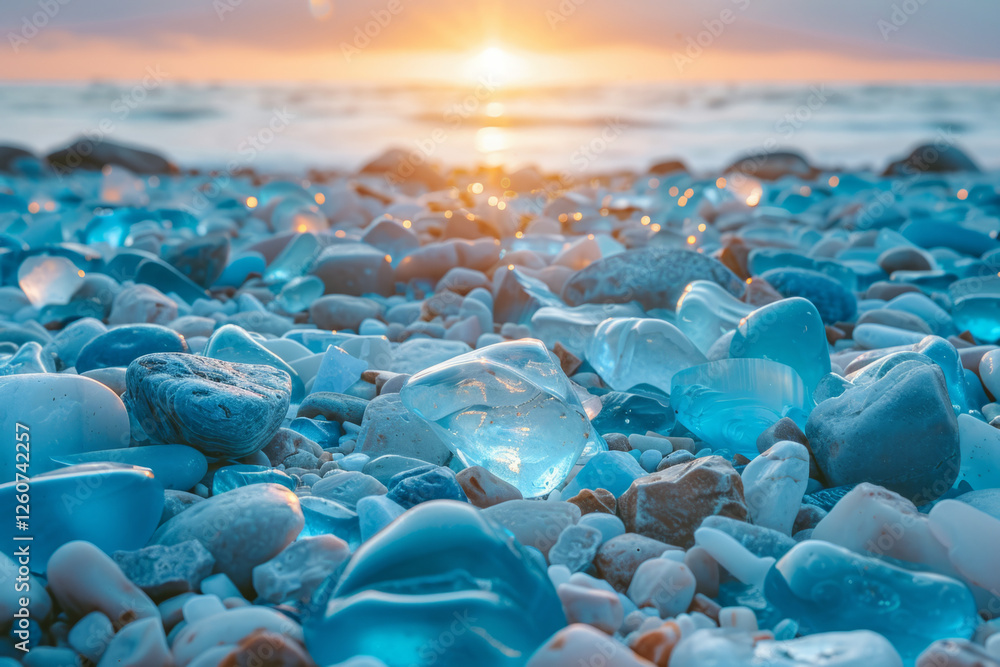 Obraz premium Stunning blue glass and stones shimmering at sunset by the ocean shore