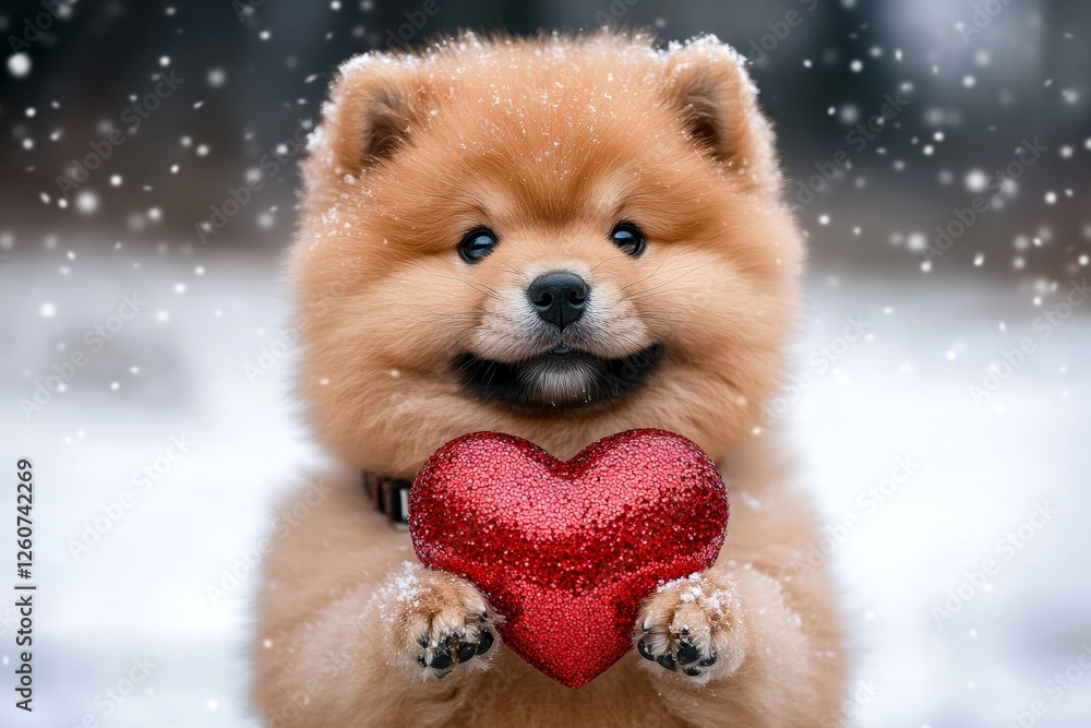 Obraz premium Cute chow dog with sparkling rhinestones red heart on a walk in a winter park. Commercial domestic animal conceptual art. Chow - my beloved dog, symbol of friendship. Love in winter.