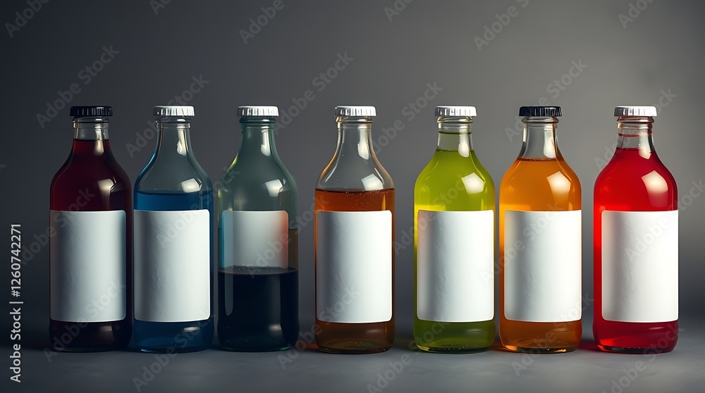 Row of glass bottles with multicolored liquid and white labels isolated on grey Row of glass bottles with multicolored liquid and white labels isolated on grey