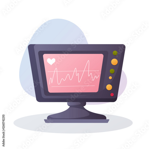 Vector illustration of a medical monitor with a screen displaying a heart ECG and health indicators.  
