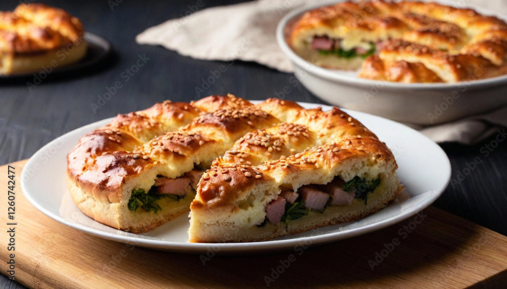Ground Level Shot. one white baking bowl plate with cut Danubio Salato pie, savory pull-apart bread is topped with baked pie balls. some slices of the pie are missed, so the filled ham meat inside of Ground Level Shot. one white baking bowl plate with cut Danubio Salato pie, savory pull-apart bread is topped with baked pie balls. some slices of the pie are missed, so the filled ham meat inside of