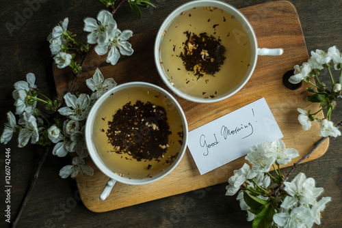 Two cups of black tea and cherry blossoms on wooden table