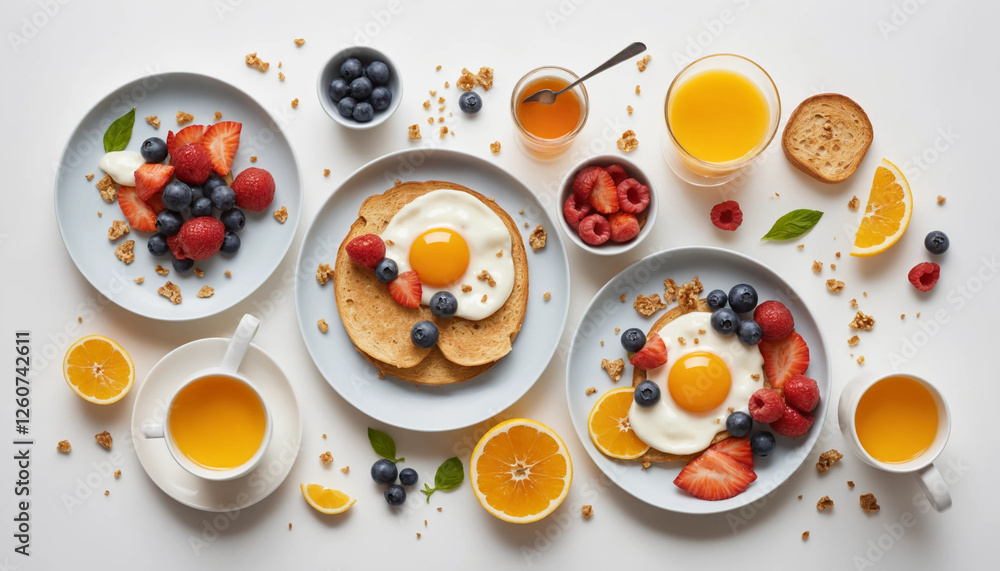 Delicious breakfast spread featuring eggs, fruits, yogurt, and drinks arranged pleasingly on a white background Delicious breakfast spread featuring eggs, fruits, yogurt, and drinks arranged pleasingly on a white background