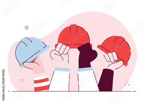 United Workers. Labor Day Hard Hats and Safety Helmets unity hands union vector   