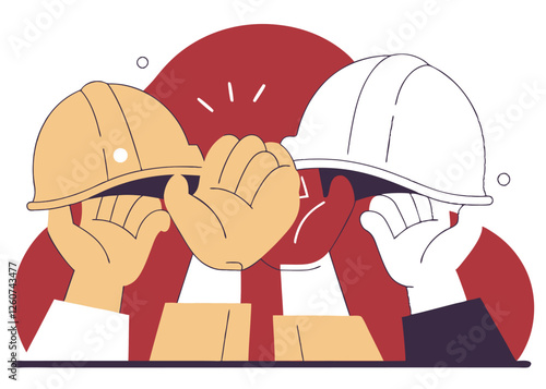 United in Labor. Hands Raise Hard Hats in Solidarity work unity safety vector   