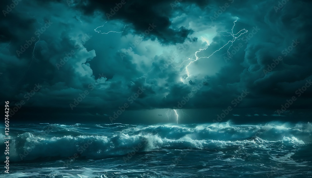 Stormy sky with lightning and sea waves. 3d illustration. Stormy sky with lightning and sea waves. 3d illustration.
