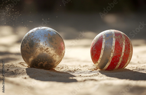 Two balls, one silver and the other red, are rolling on sand in an outdoor setting. The background is blurred to emphasize them